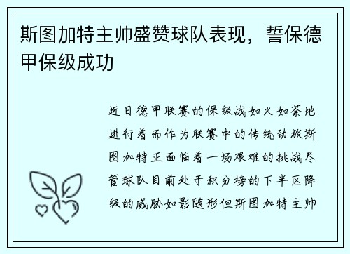 斯图加特主帅盛赞球队表现，誓保德甲保级成功