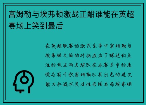 富姆勒与埃弗顿激战正酣谁能在英超赛场上笑到最后